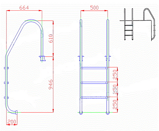 Габаритные размеры и место установки лестницы Flexinox STANDARD (3 ступени)