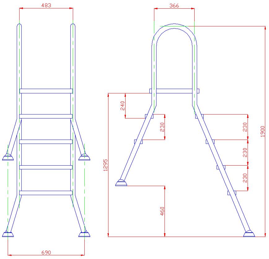 Габаритные размеры лестницы Flexinox ESC PNS (2+4 ступени):