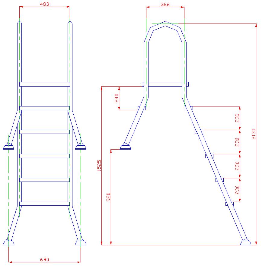 Габаритные размеры лестницы Flexinox Semi-elevated Above Ground (1+5 ступеней)