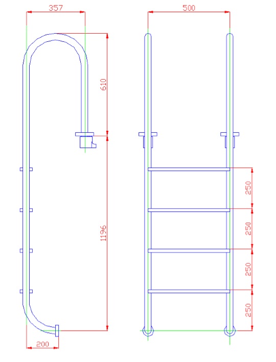 Габаритные размеры и место установки лестницы Flexinox WALL (4 ступени):
