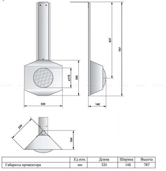 абаритные и присоединительные размеры прожектора навесного углового из нержавеющей стали Pahlen (300Вт, 12В)